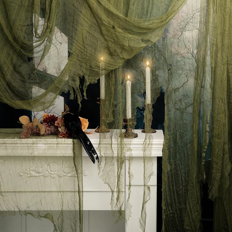 RunNico 200x36 Inch Large Size Green Halloween Creepy Cloth Decoration,Spooky Gauze Cloth,Halloween Haunted Cheesecloth for Halloween Stairway,Wall,Window Decorations,Outdoors Doorways Decor - Image 1