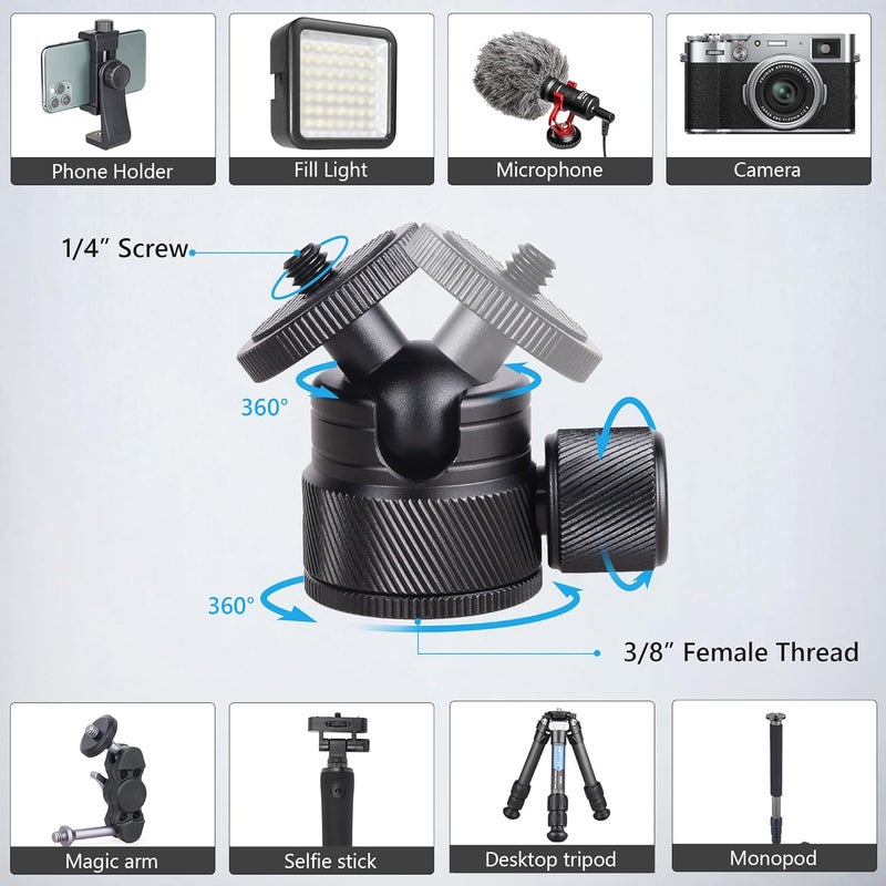 ARTCISE Mini CNC Machining Tripod Ball Head - Portable Aluminum Alloy 360 Rotating Head for Phone & Light Camera, Max Load 6.6lbs/3kg - Image 5