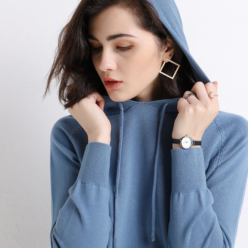2021 Spring and Autumn New Knitwear Womens Korean-style Hooded Sweater Womens Pullover Hoodie Loose Large Size Jacket Fog Blue 