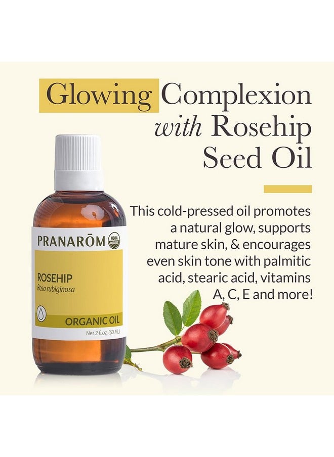PRANAROM - Usda Certified Organic Coldpressed Rosehip Virgin Plant Oil 2 Fl Oz Glass Bottle For Antiaging Helps Acne Scar Massaging Face Hair & Skin Unisex - Image 1