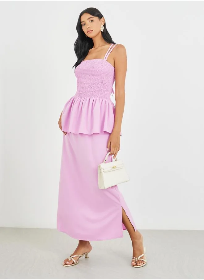 تايك تو Take Two Solid Smocked Strappy Top and Midi Skirt Co-Ords