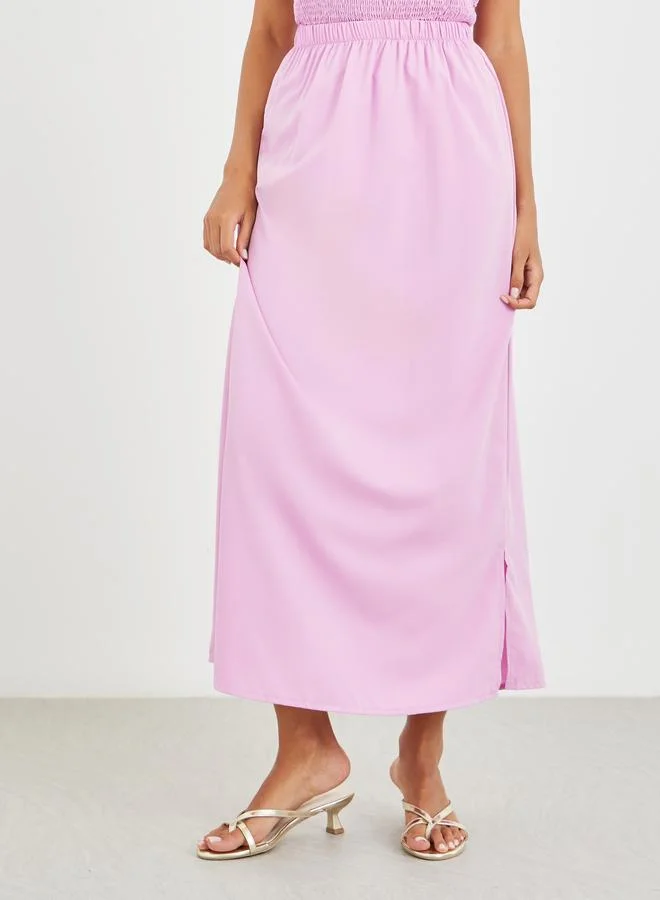 Take Two Take Two Solid Smocked Strappy Top and Midi Skirt Co-Ords