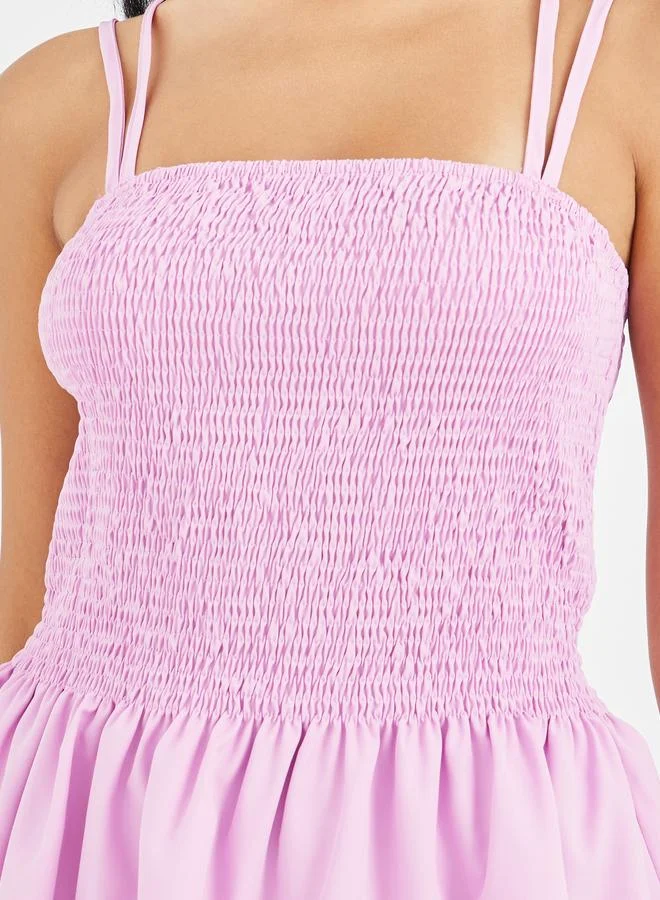 Take Two Take Two Solid Smocked Strappy Top and Midi Skirt Co-Ords