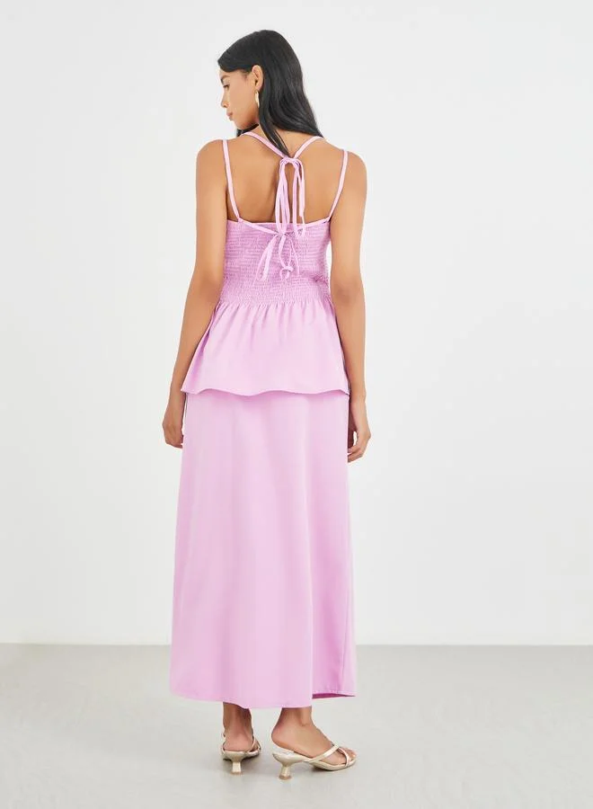 Take Two Take Two Solid Smocked Strappy Top and Midi Skirt Co-Ords