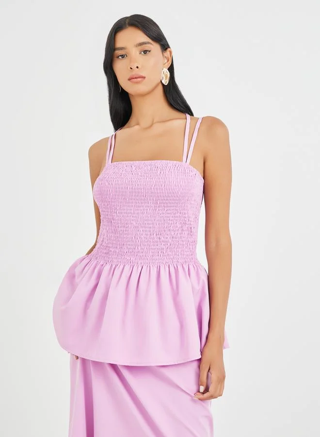 Take Two Take Two Solid Smocked Strappy Top and Midi Skirt Co-Ords