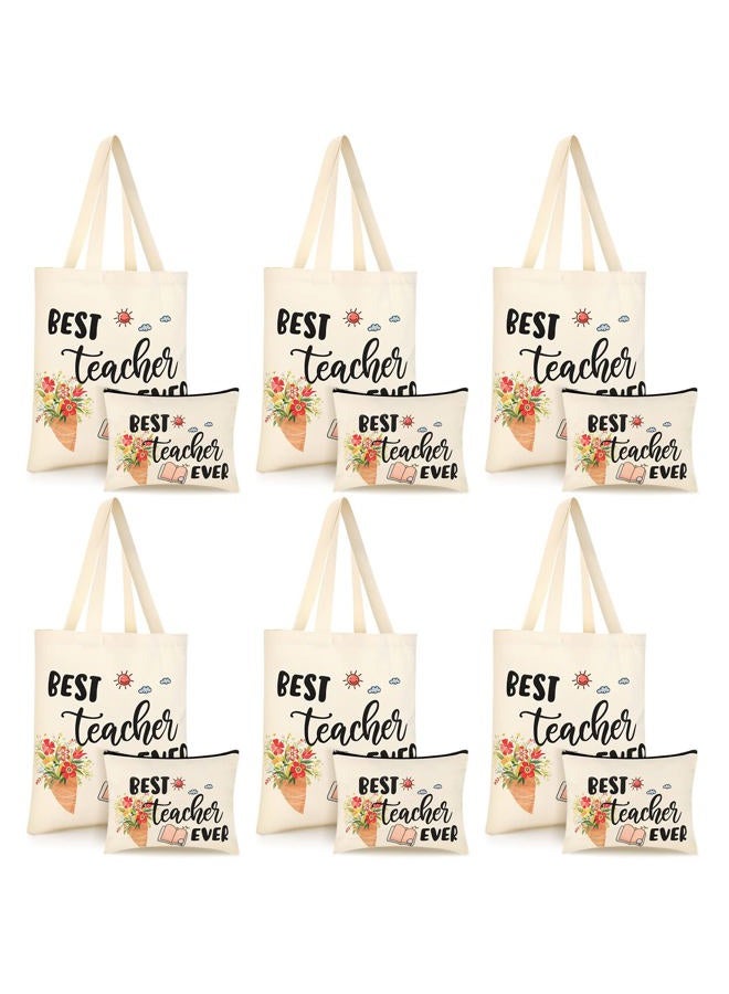 Kacctyen 12 Pcs Teacher Graduation Appreciation Gifts 6 Canvas Totes Bag 6 Makeup Pouch Cosmetic Bags Teacher Gifts(Best Teacher Ever) - Image 1