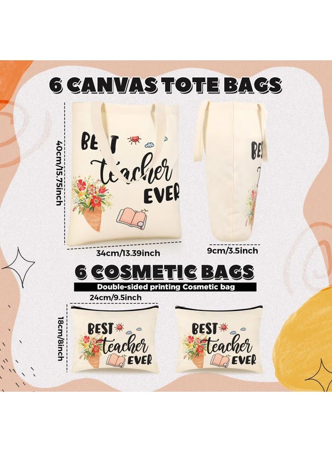 Kacctyen 12 Pcs Teacher Graduation Appreciation Gifts 6 Canvas Totes Bag 6 Makeup Pouch Cosmetic Bags Teacher Gifts(Best Teacher Ever) - Image 2