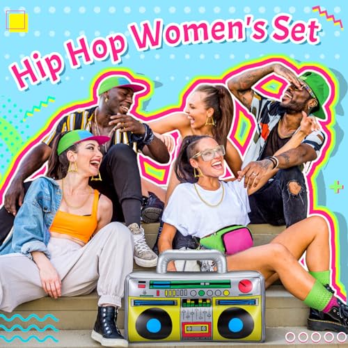 Newcotte 7 Pcs 80s 90s Outfit for Women Halloween Hip Hop Costume 90s Outfits Accessories Hip Hop Neon Gold Chain Earring Glasses Fanny Pack Hat Socks Inflatable Radio Rapper Disco for 1980s Party - Image 4