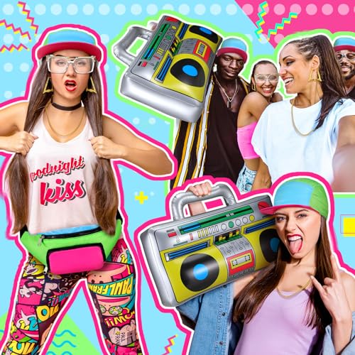 Newcotte 7 Pcs 80s 90s Outfit for Women Halloween Hip Hop Costume 90s Outfits Accessories Hip Hop Neon Gold Chain Earring Glasses Fanny Pack Hat Socks Inflatable Radio Rapper Disco for 1980s Party - Image 2