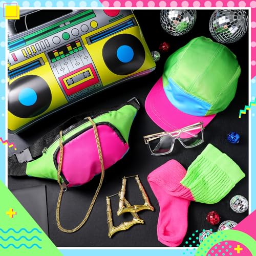 Newcotte 7 Pcs 80s 90s Outfit for Women Halloween Hip Hop Costume 90s Outfits Accessories Hip Hop Neon Gold Chain Earring Glasses Fanny Pack Hat Socks Inflatable Radio Rapper Disco for 1980s Party - Image 5
