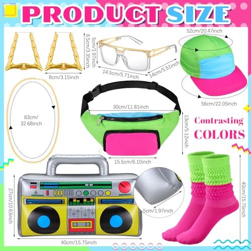 Newcotte 7 Pcs 80s 90s Outfit for Women Halloween Hip Hop Costume 90s Outfits Accessories Hip Hop Neon Gold Chain Earring Glasses Fanny Pack Hat Socks Inflatable Radio Rapper Disco for 1980s Party - Image 3