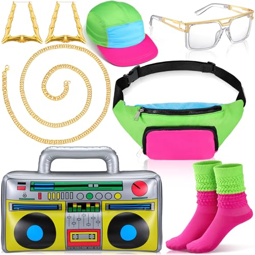 Newcotte 7 Pcs 80s 90s Outfit for Women Halloween Hip Hop Costume 90s Outfits Accessories Hip Hop Neon Gold Chain Earring Glasses Fanny Pack Hat Socks Inflatable Radio Rapper Disco for 1980s Party - Image 1