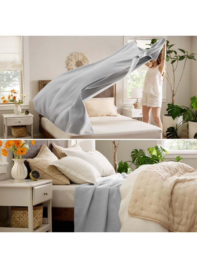 Bedsure Bedsure 100% Cotton Blanket Queen Size for Bed - Soft Cozy Herringbone Woven Blanket for Summer, Breathable and Lightweight Textured Blanket, Grey, 90x90 inches  - Image 3