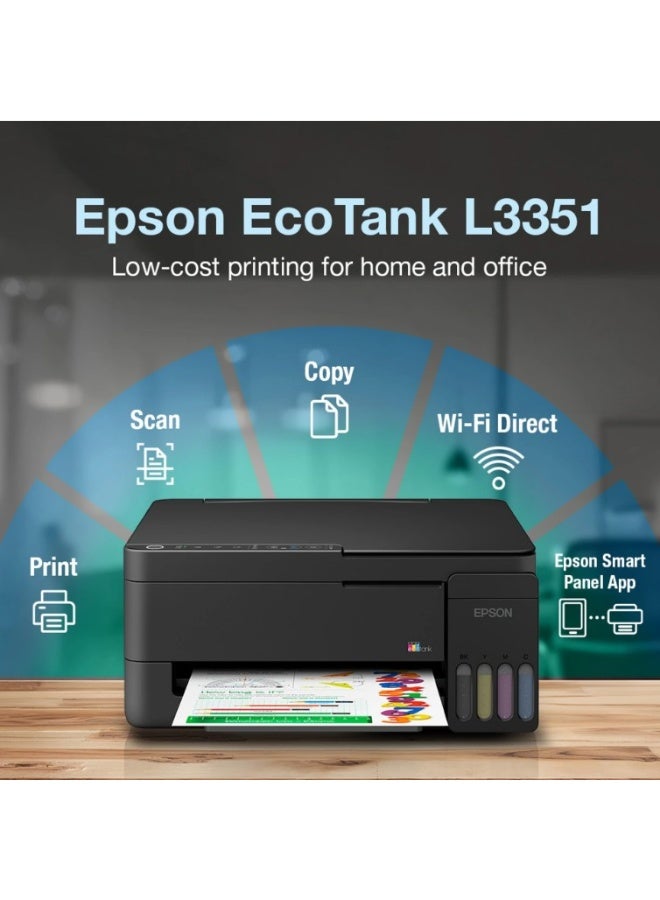 إبسون Epson EcoTank L3351 Compact 3-in-1 color Ink Tank Printer, Print, Scan, Copy, Wireless, USB, Wi-Fi, Wi-Fi Direct, Apple AirPrint, low-cost printing using high-yield refillable ink bottles, Print from Mobile, Epson Smart Panel App - New Launch with Noon Black - Image 2