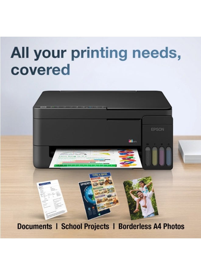إبسون Epson EcoTank L3351 Compact 3-in-1 color Ink Tank Printer, Print, Scan, Copy, Wireless, USB, Wi-Fi, Wi-Fi Direct, Apple AirPrint, low-cost printing using high-yield refillable ink bottles, Print from Mobile, Epson Smart Panel App - New Launch with Noon Black - Image 3