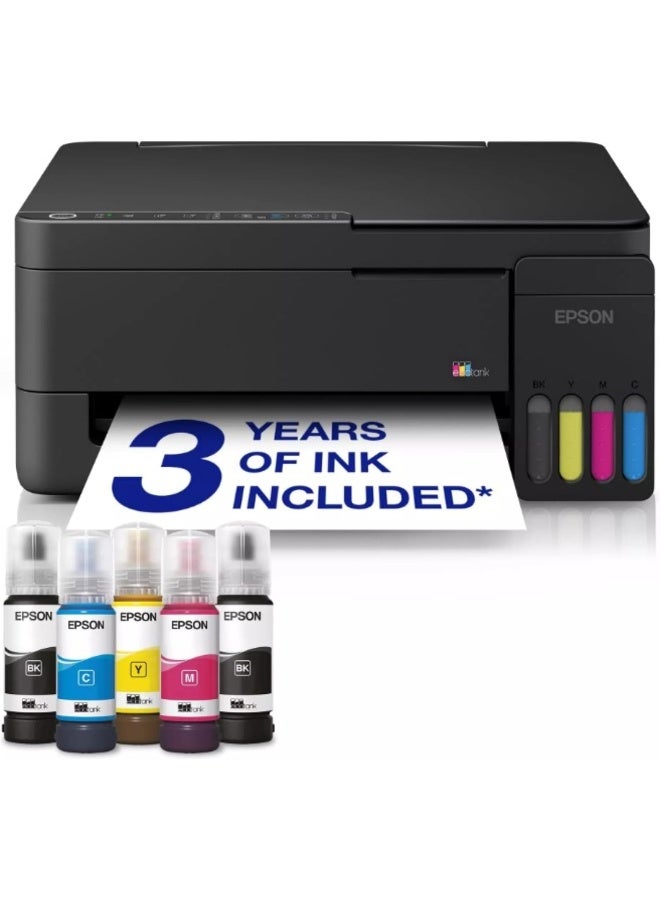 إبسون Epson EcoTank L3351 Compact 3-in-1 color Ink Tank Printer, Print, Scan, Copy, Wireless, USB, Wi-Fi, Wi-Fi Direct, Apple AirPrint, low-cost printing using high-yield refillable ink bottles, Print from Mobile, Epson Smart Panel App - New Launch with Noon Black - Image 1