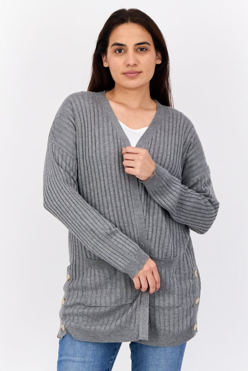 Pink Rose Women Split Neck Stripe Cardigans, Heather Grey - Image 1