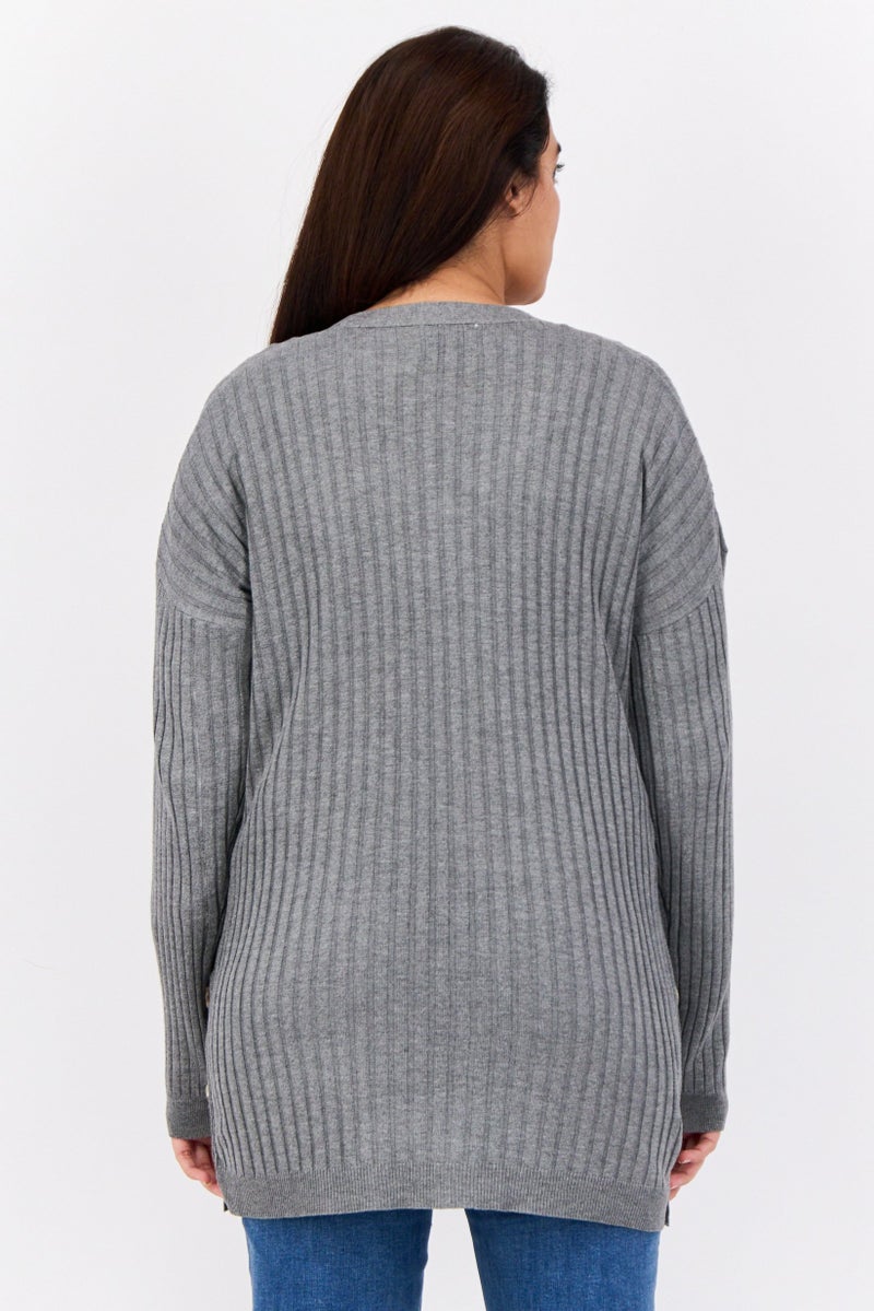 Pink Rose Women Split Neck Stripe Cardigans, Heather Grey - Image 3