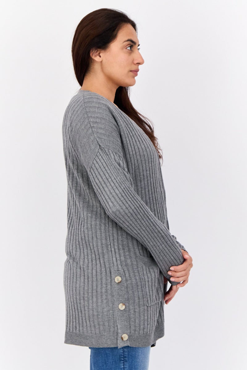 Pink Rose Women Split Neck Stripe Cardigans, Heather Grey - Image 2