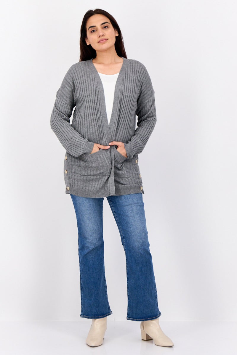 Pink Rose Women Split Neck Stripe Cardigans, Heather Grey - Image 4