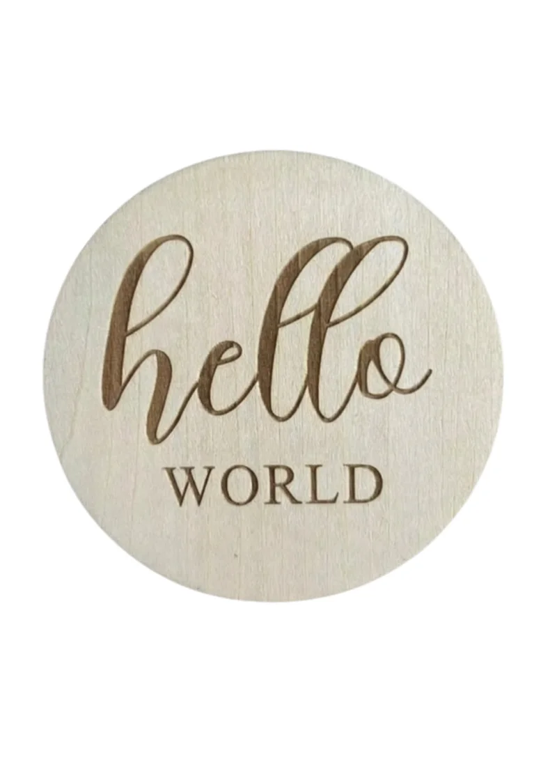 Lion Llama Lion Llama Hello World Wooden Disc Sign | Baby Milestone Plaque for Newborn Photoshoot | Nursery & Baby Announcement Decor