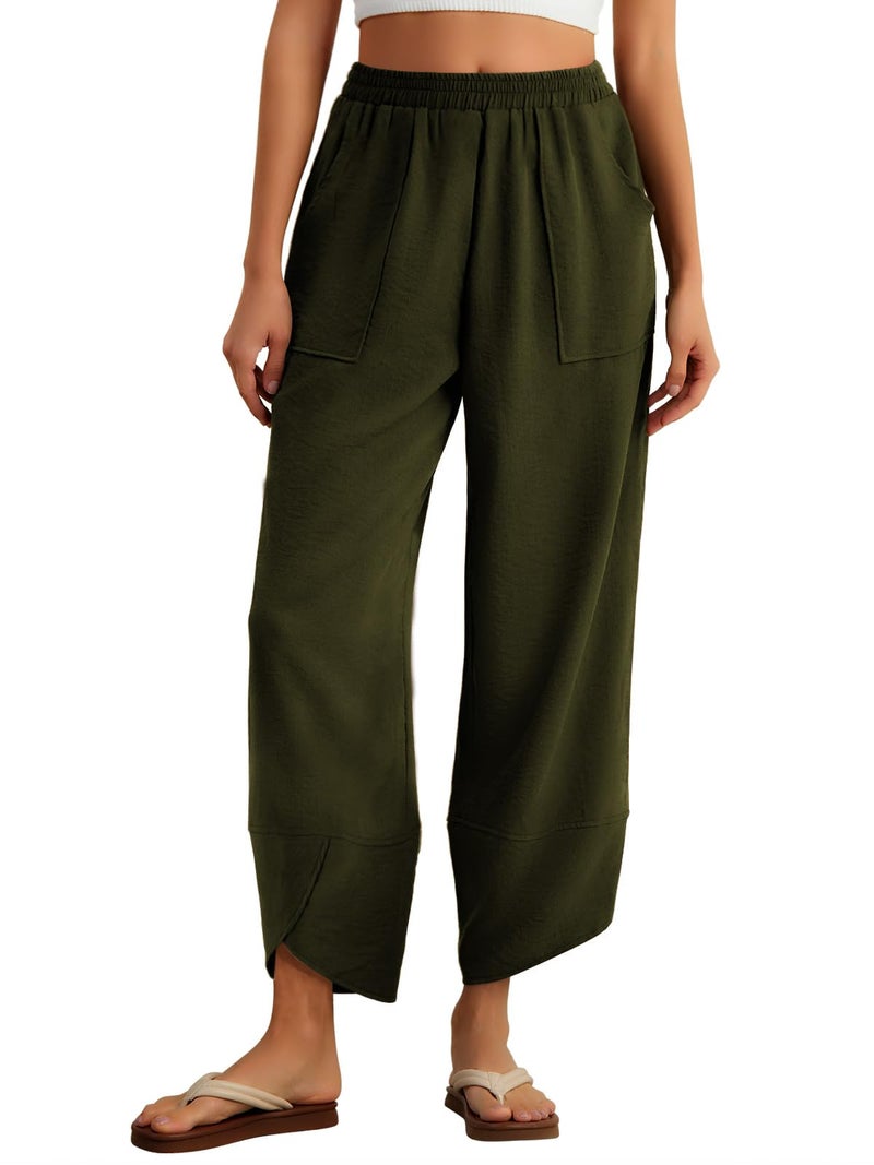 Feiersi Womens Baggy Wide Leg Pants Elastic Waisted Casual Palazzo Harem Pants Summer Beach Trousers(Army Green,Small) - Image 1
