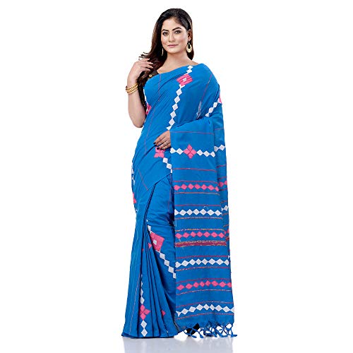 dB DESH BIDESH Women`s Bengali Khesh Mul Pure Cotton Handloom Saree With Blouse Piece Free Sky Blue - Image 1