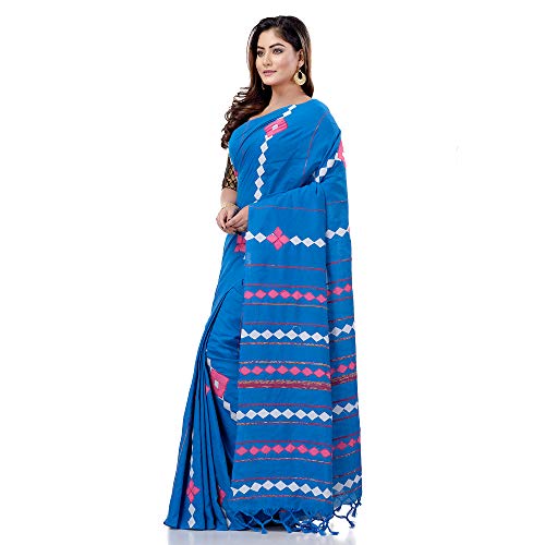 dB DESH BIDESH Women`s Bengali Khesh Mul Pure Cotton Handloom Saree With Blouse Piece Free Sky Blue - Image 3