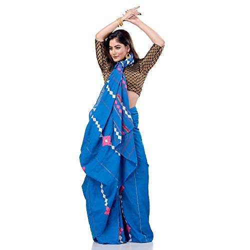 dB DESH BIDESH Women`s Bengali Khesh Mul Pure Cotton Handloom Saree With Blouse Piece Free Sky Blue - Image 5