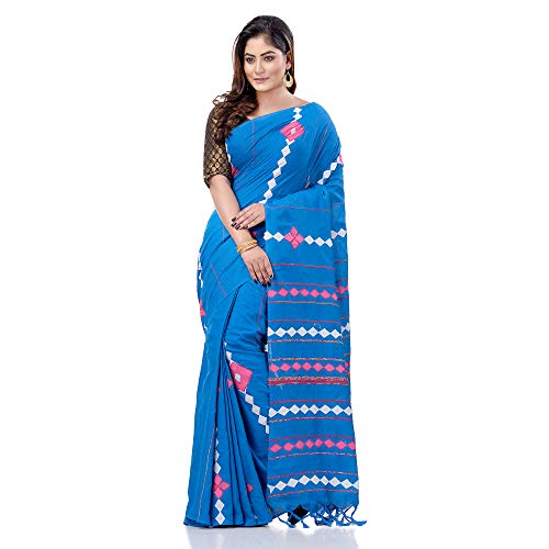 dB DESH BIDESH Women`s Bengali Khesh Mul Pure Cotton Handloom Saree With Blouse Piece Free Sky Blue - Image 2