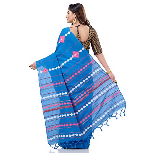 dB DESH BIDESH Women`s Bengali Khesh Mul Pure Cotton Handloom Saree With Blouse Piece Free Sky Blue - Image 4