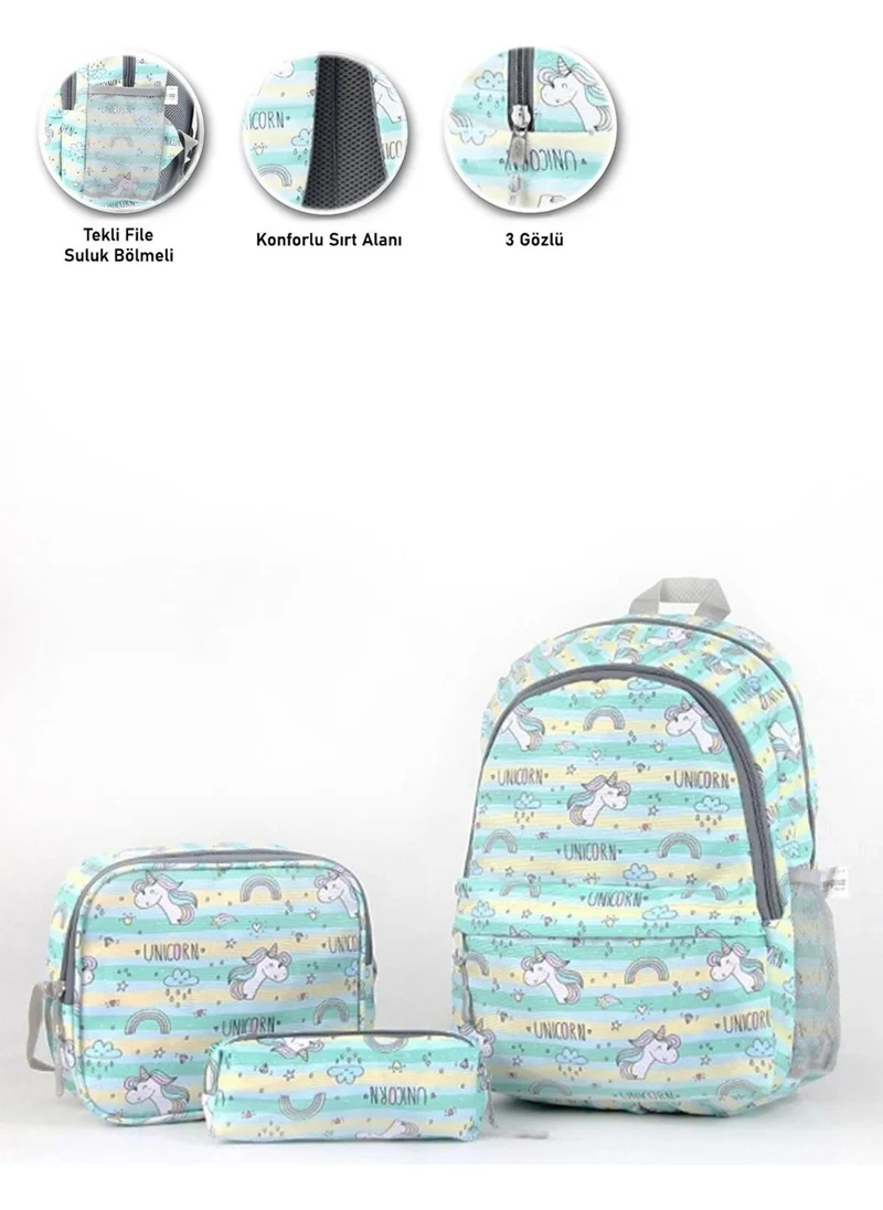 Masho Trend 3 Eyed Green Unicorn School Bag + Nutrition Unicorn Bag Primary School Bag Backpack Sling Bag