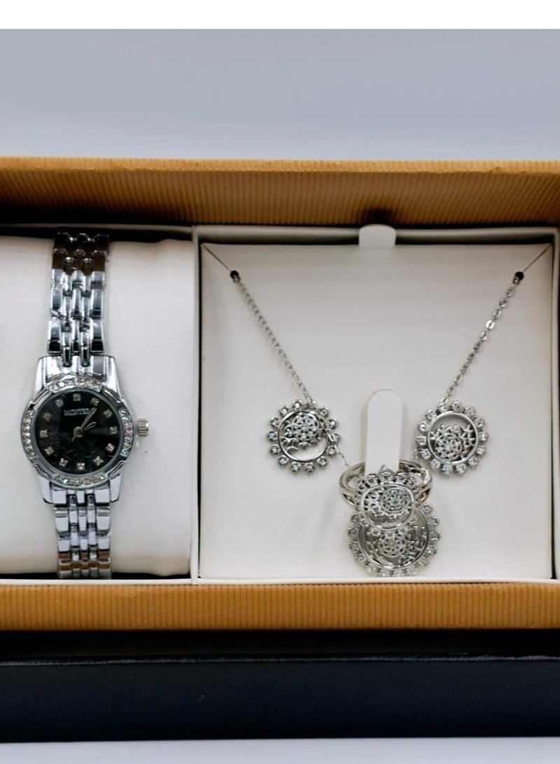 مونتيرا طقم ساعة يد بعقارب وطقم مكون من السلسال والحلق والخاتم للنساء