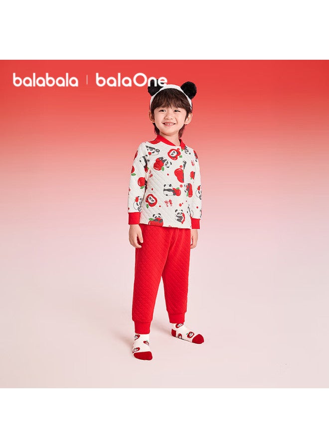 Balabala Kids Children's Underwear Set Boys Girls New Spring Padded Pajamas Red Thermal Top And Bottom New Year - Image 1