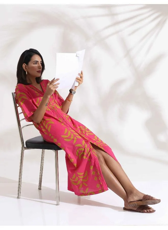 ترو برونز trueBrowns Pink Cotton Print pleated Dress