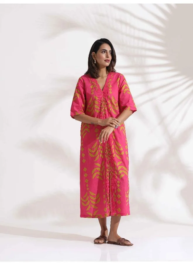ترو برونز trueBrowns Pink Cotton Print pleated Dress