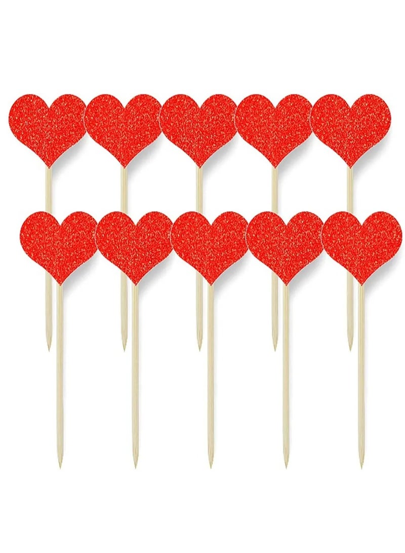 40PCS foam glitter Heart Cupcake Toppers Sweet Love Theme Hearts Food Picks for Valentine Wedding Engagement Bridal Shower Birthday Party Cake Decorations - Red  - Image 1