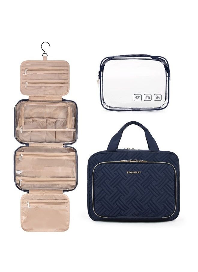 BAGSMART Toiletry Bag Hanging Travel Makeup Organizer with TSA Approved Transparent Cosmetic Bag Makeup Bag for Full Sized Toiletries (Navy, Medium)  - Image 1
