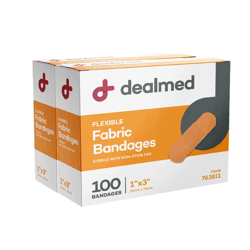 Dealmed Sterile Flexible Fabric Adhesive Bandages 1x3 Inch 100Box 2 Boxes Breathable First Aid Strip Pack Soft Stretch Wound Patch for Medical Emergency Kits Clinic