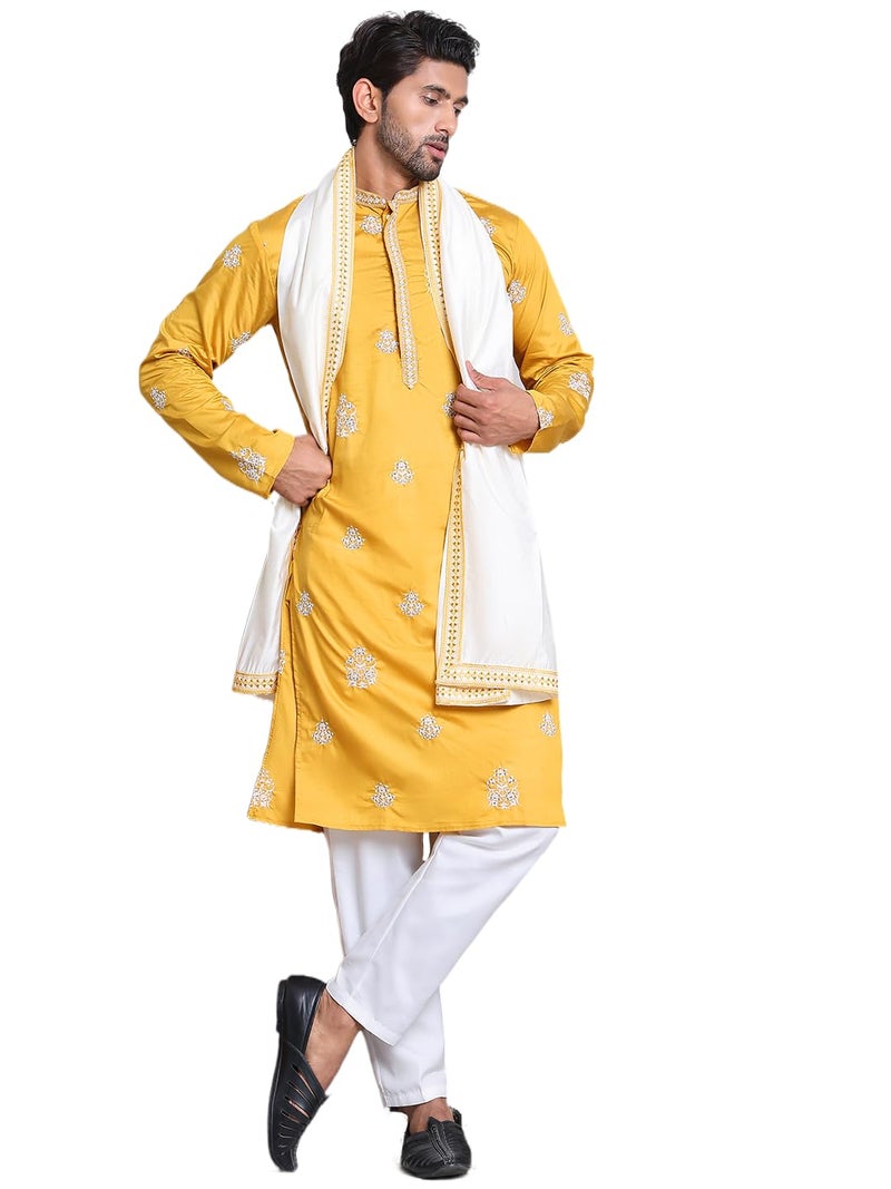 Jompers Mustard Embroidered & Sequin Kurta Pyjama With Dupatta (Mustard, M) - Image 1