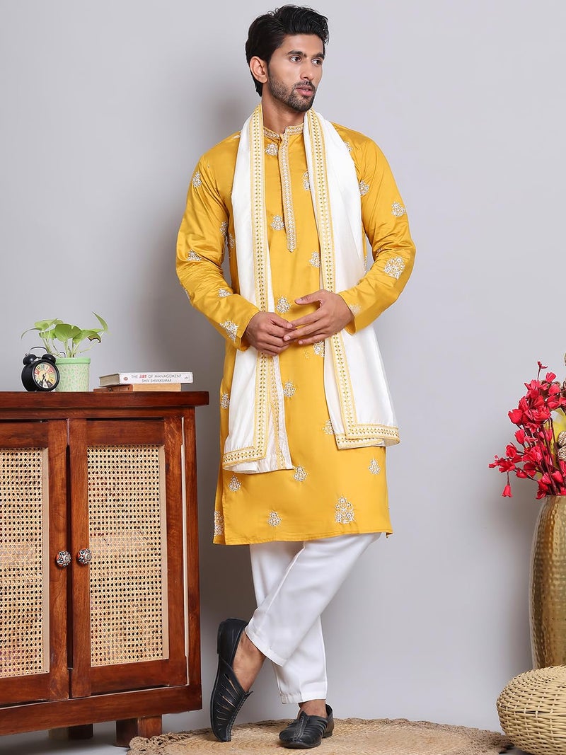 Jompers Mustard Embroidered & Sequin Kurta Pyjama With Dupatta (Mustard, M) - Image 5