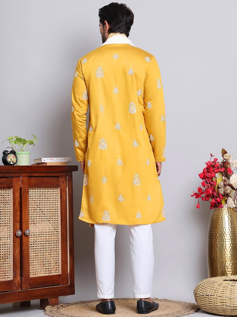Jompers Mustard Embroidered & Sequin Kurta Pyjama With Dupatta (Mustard, M) - Image 2