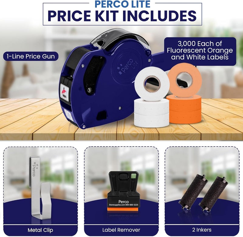 Perco Lite 1 Line Price Gun with Labels Kit - Includes 3 White Rolls, 3 Fluorescent Orange Rolls, 2 Ink Rollers, 1 Ink roll and Labels Pre-Loaded - Image 2