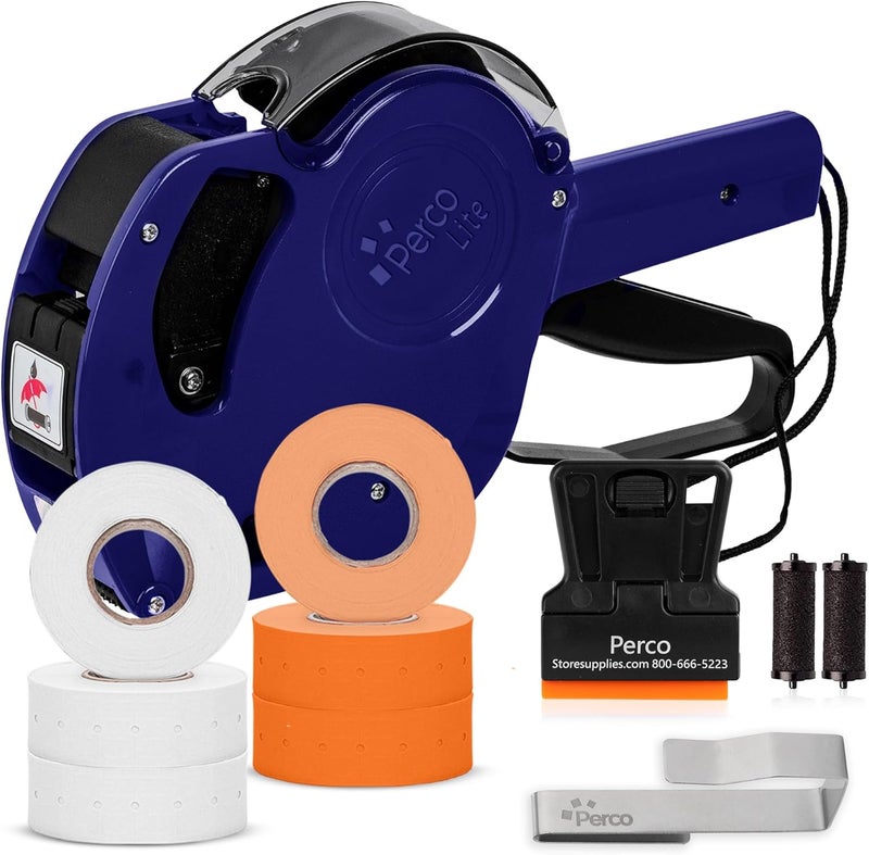 Perco Lite 1 Line Price Gun with Labels Kit - Includes 3 White Rolls, 3 Fluorescent Orange Rolls, 2 Ink Rollers, 1 Ink roll and Labels Pre-Loaded - Image 1