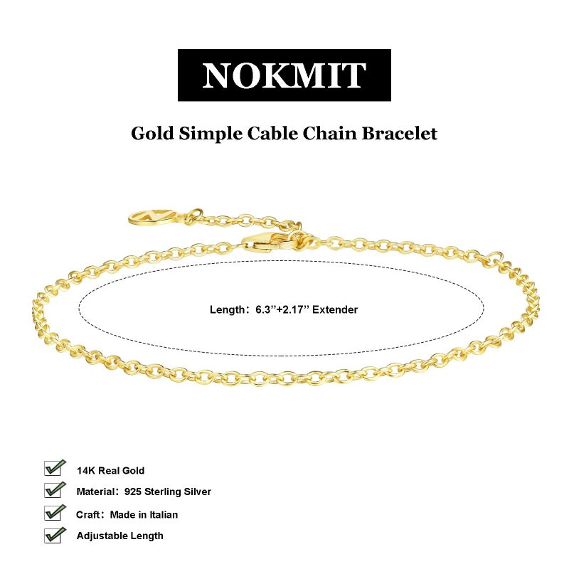 NOKMIT 14K Gold Solid 925 Sterling Silver Bracelets for Women, Dainty Minimalist Adjustable Thin Cable Chain Bracelet, Trendy Stackable Link Bracelets, Simple Cute Jewelry Gifts - Image 2