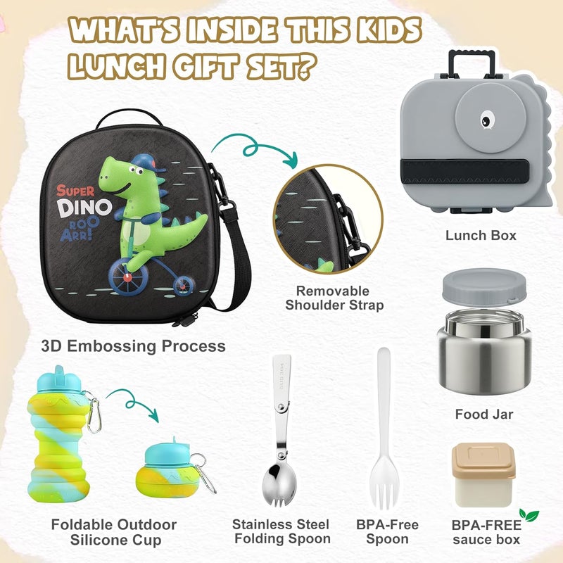 Aimsnk Dinosaur Lunch Box for Kids with Secret Compartment | 4 Compartments Bento Box + 12oz Insulated Food Jar | Leak-Proof Sauce Cup & Collapsible Spoon | BPA-Free, Dishwasher Safe(Grey-01) - Image 2