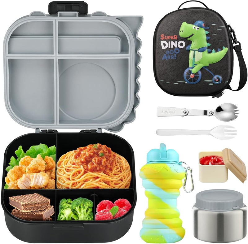 Aimsnk Dinosaur Lunch Box for Kids with Secret Compartment | 4 Compartments Bento Box + 12oz Insulated Food Jar | Leak-Proof Sauce Cup & Collapsible Spoon | BPA-Free, Dishwasher Safe(Grey-01) - Image 1