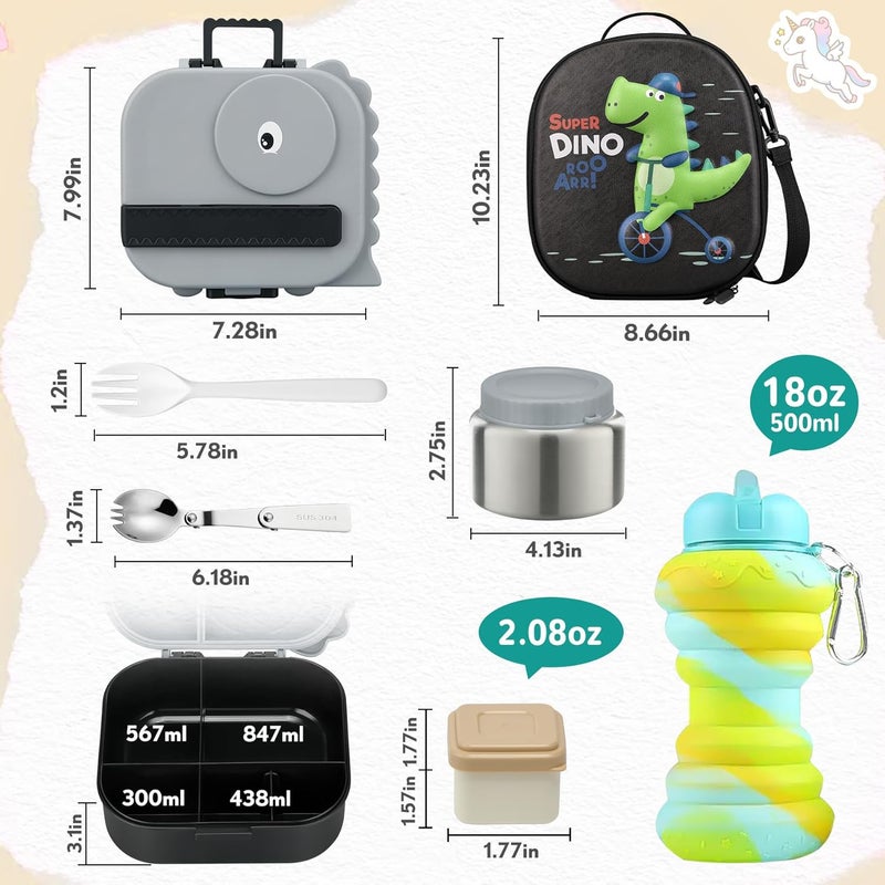 Aimsnk Dinosaur Lunch Box for Kids with Secret Compartment | 4 Compartments Bento Box + 12oz Insulated Food Jar | Leak-Proof Sauce Cup & Collapsible Spoon | BPA-Free, Dishwasher Safe(Grey-01) - Image 5