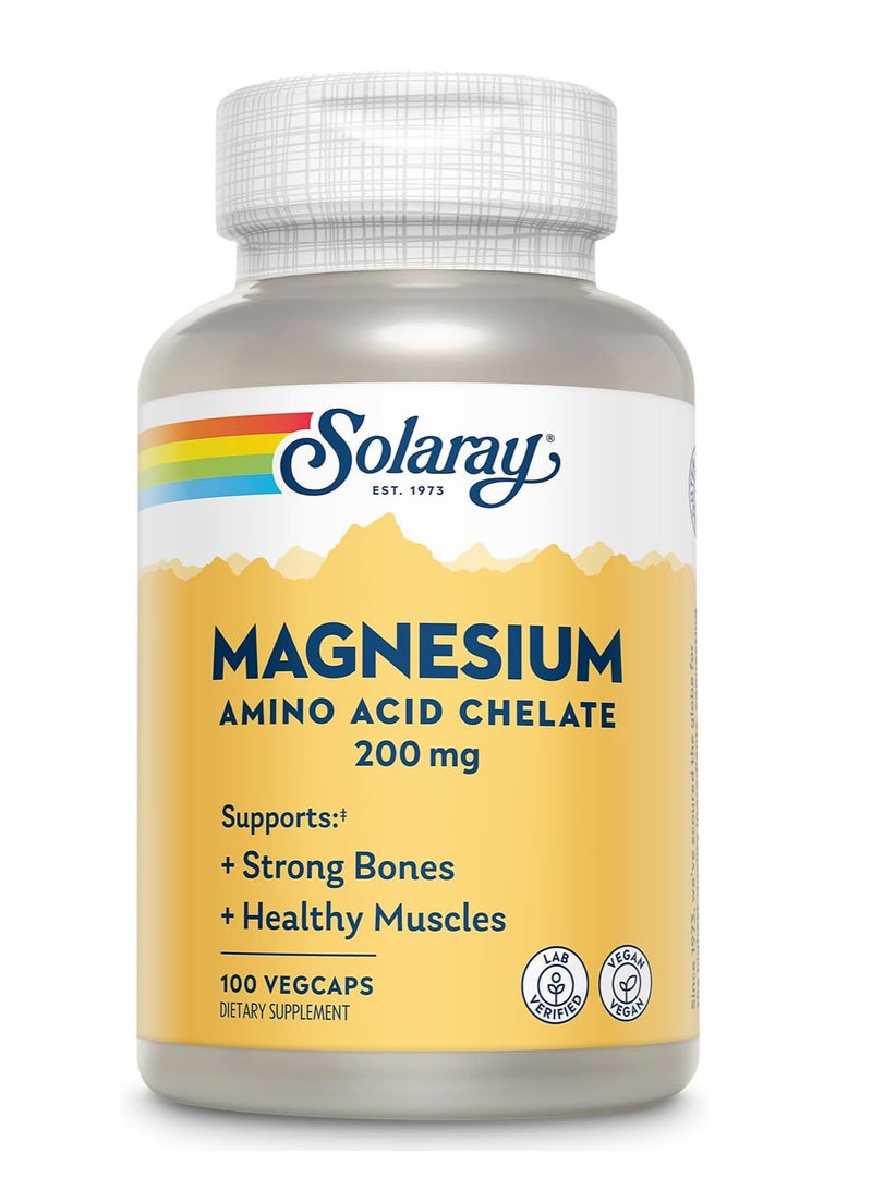 Solaray Magnesium Amino Acid Chelate 200 mg, Chelated Magnesium Supplement for Bone Health, Heart Health and Muscle Function Support, Vegan, 60-Day Money Back Guarantee, 100 Servings, 100 VegCaps  - Image 1