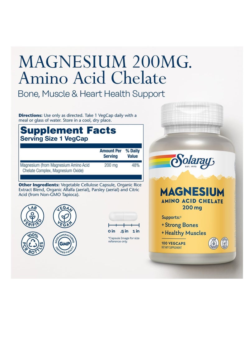 Solaray Magnesium Amino Acid Chelate 200 mg, Chelated Magnesium Supplement for Bone Health, Heart Health and Muscle Function Support, Vegan, 60-Day Money Back Guarantee, 100 Servings, 100 VegCaps  - Image 2